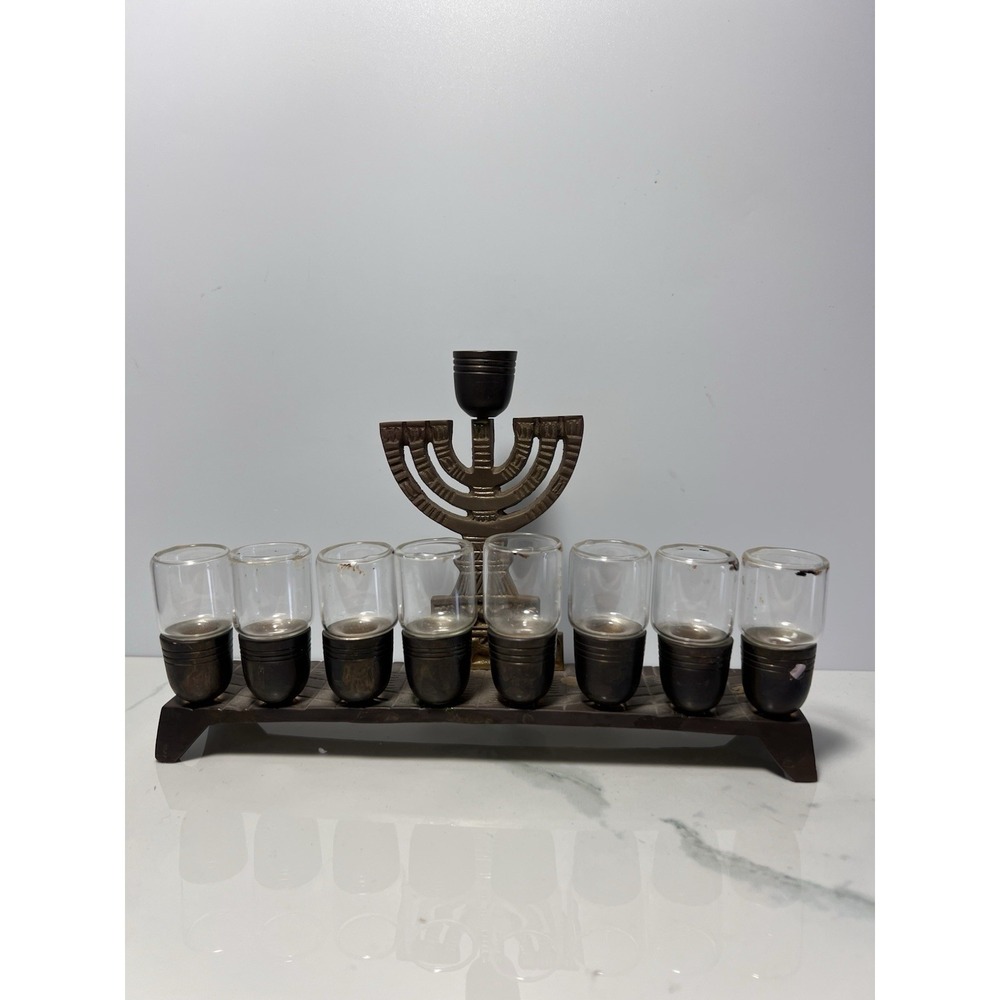 VTG Israel Hanukkah Menorah Brass With Glass Oil Cups